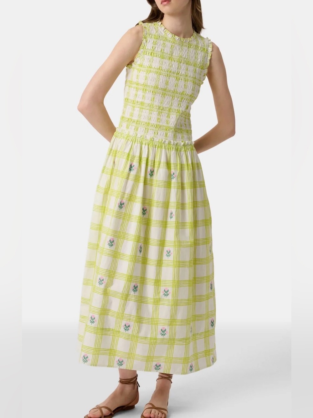 Roller Rabbit Sleeveless Smocked Maxi Dress in Yellow and White Plaid